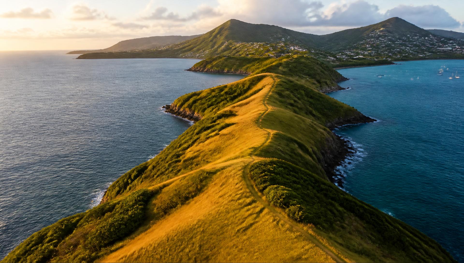 Aerial view of a green headland surrounded by turquoise sea in Saint Lucia
